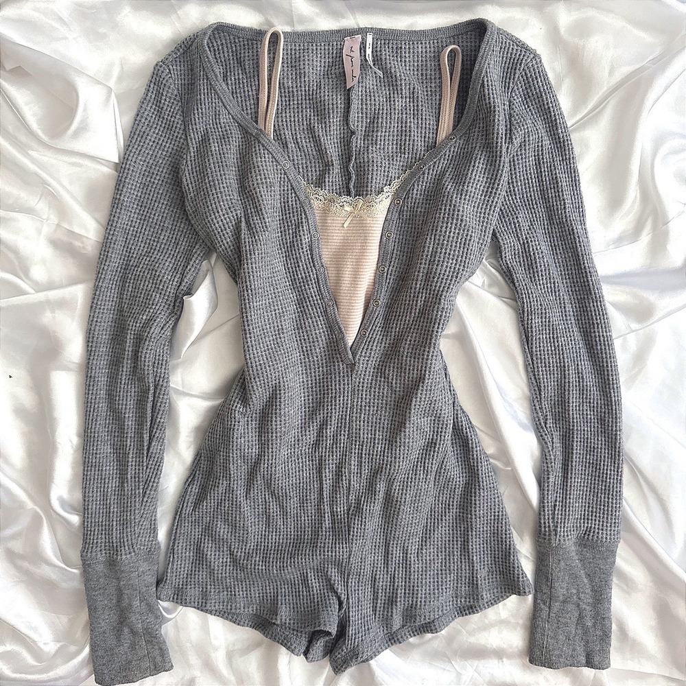Out From Under Urban Outfitters Waffle Knit Snap Front Romper Grey Small